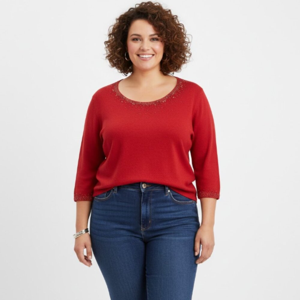 Vintage Judith Hart‎ Red Beaded Soft Stretch Lightweight Sweater 1X